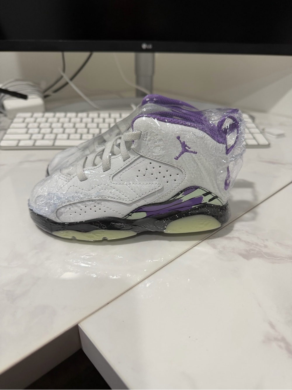 Jordan Kids White and Purple Retro Basketball Sneakers